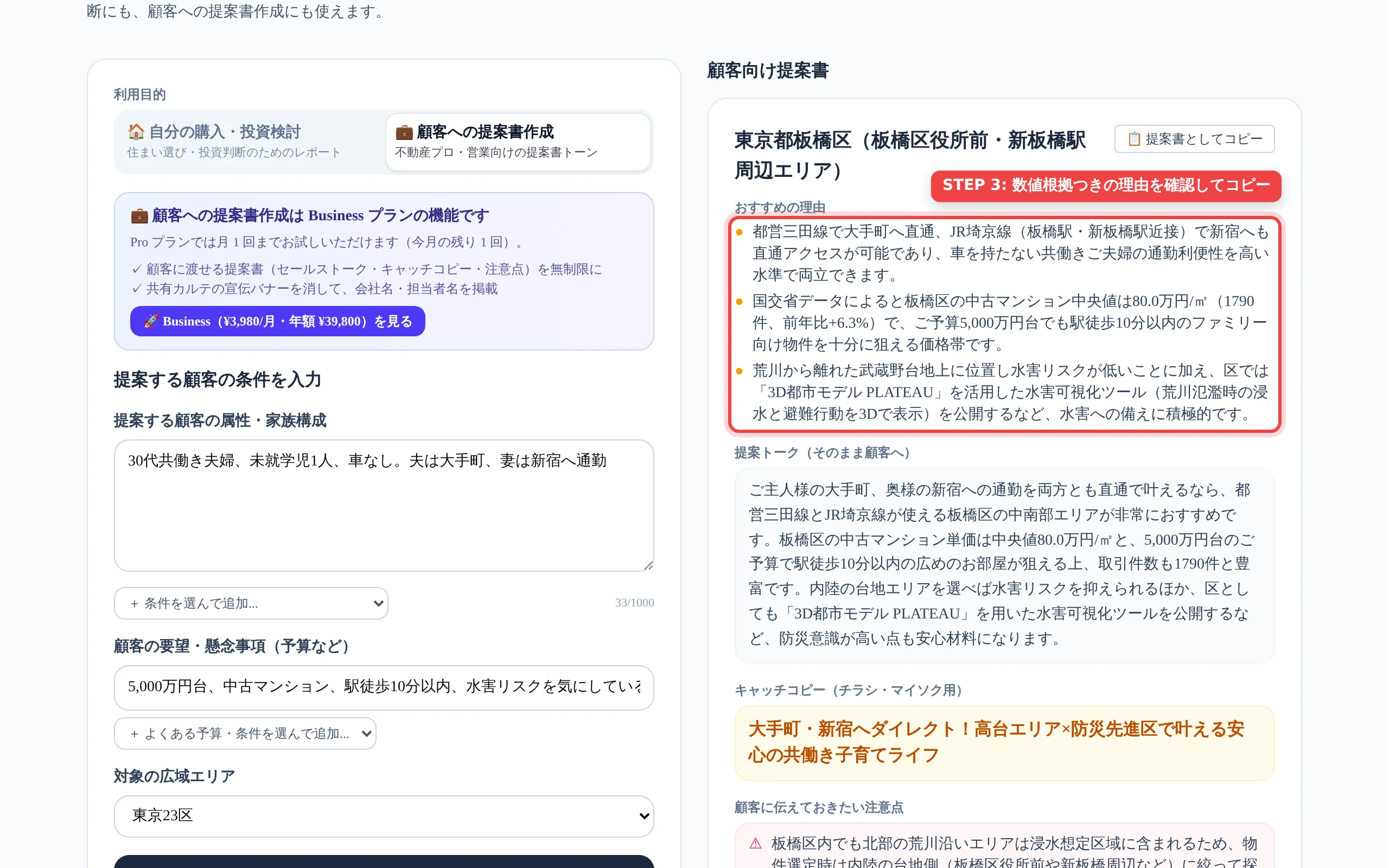生成された顧客向け提案書。おすすめの理由に国交省データの㎡単価・件数・前年比が含まれている