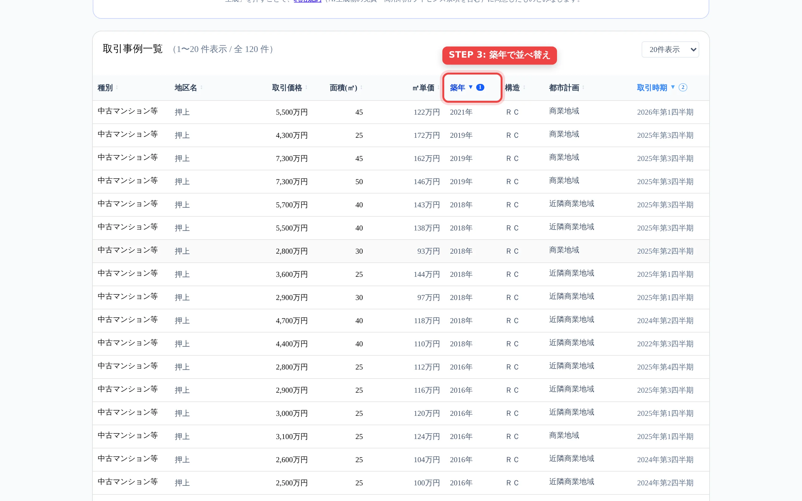 取引事例一覧を築年の新しい順に並べ替え、押上の中古マンション等120件の取引価格・面積・㎡単価・築年・取引時期を表示した画面